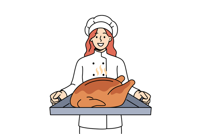 Cook with roast turkey on tray invites you to celebrate thanksgiving and eat meat together  Illustration