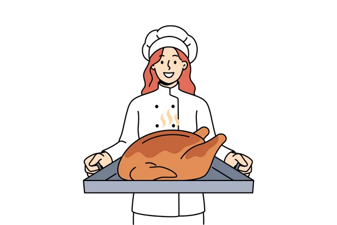 Woman Cook With Roast Turkey On Tray Invites You To Celebrate Thanksgiving And Eat Meat Together Restaurant Chef Recommends Celebrating Thanksgiving By Making Traditional Poultry Dish Illustration