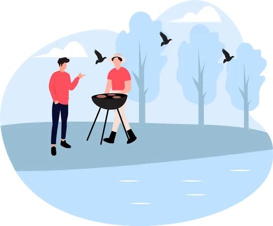 Cooking barbeque at forest Illustration