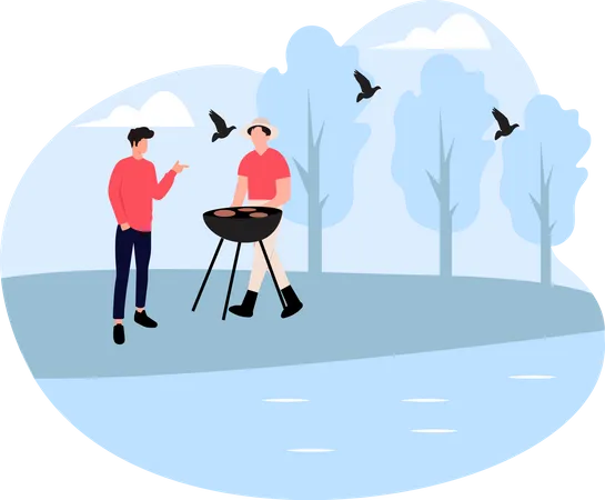 Cooking barbeque at forest  Illustration