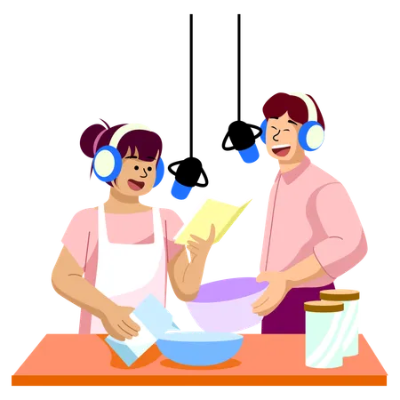 Captures A Podcast Recording Of A Cooking Show Where Hosts Discuss Recipes And Cooking Tips Blending Culinary Arts With Audio Media Illustration