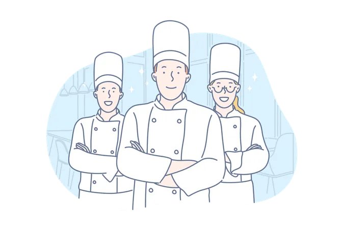 Team Cooking Restaurant Concept Team Of Young Cheerful Men And Woman Are Standing And Presenting New Restairant Happy Boys And Girl Cookers Looking Crossing Their Arms Simple Flat Vector Illustration