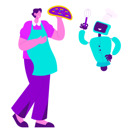 Cooking with robot chef  イラスト
