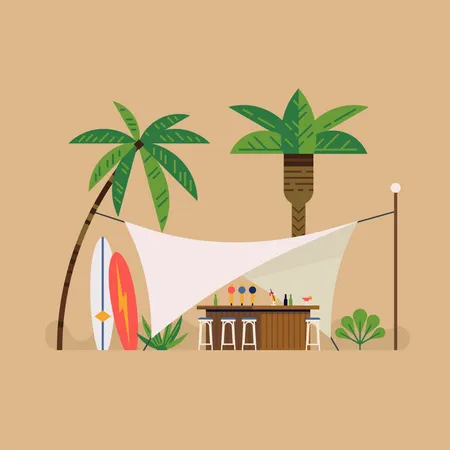 Cool beach resort carpa con dosel blanco lounge bar  Ilustración