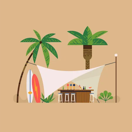 Cool Beach Resort Dossel Branco Tenda Lounge Bar Ilustracao Vetorial De Design Plano Fundo Tematico De Ferias A Beira Mar De Verao Com Bar De Coqueteis E Palmeiras Ilustração