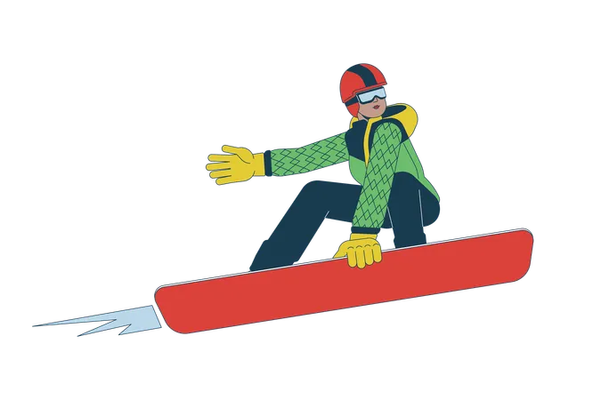 Cool Black Woman Performing Trick On Snowboard 2 D Linear Cartoon Character African American Female Snowboarder Isolated Line Vector Person White Background Extreme Sport Color Flat Spot Illustration Illustration