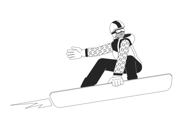 Cool Black Woman Performing Trick On Snowboard Black And White 2 D Line Cartoon Character African American Snowboarder Isolated Vector Outline Person Extreme Monochromatic Flat Spot Illustration Illustration