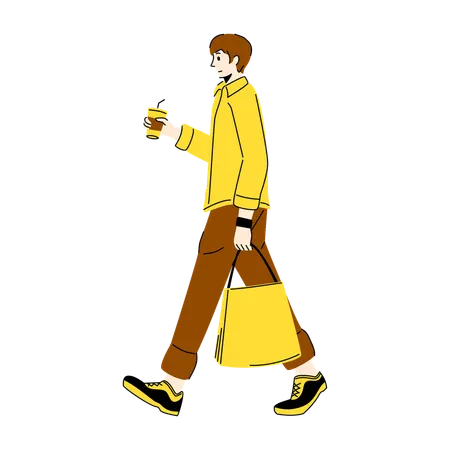 Cool Boy Walking Holding Coffee Bag  Illustration