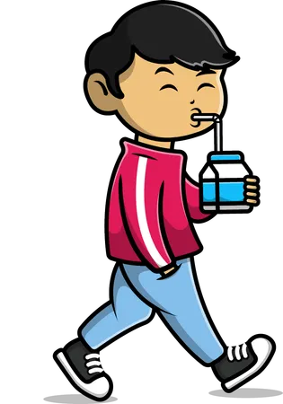 Cool Boy Walking With Drinking Milk  Illustration