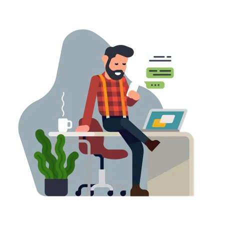Cool flat style detailed illustration on self employment depicting confident male business owner managing his tasks with ease. Hassle free business concept design. Man having coffee break Illustration