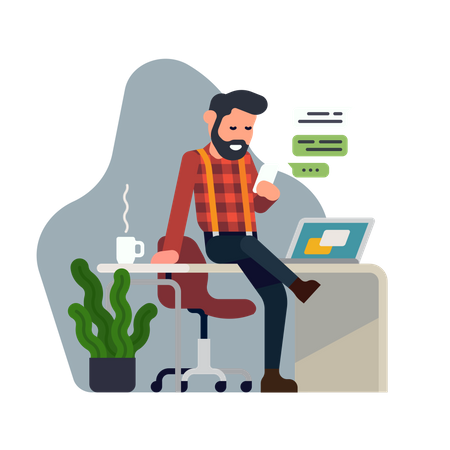 Cool flat style detailed illustration on self employment depicting confident male business owner managing his tasks with ease. Hassle free business concept design. Man having coffee break  Illustration