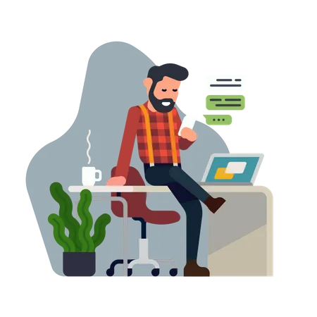 Cool flat style detailed illustration on self employment depicting confident male business owner managing his tasks with ease. Hassle free business concept design. Man having coffee break  Illustration