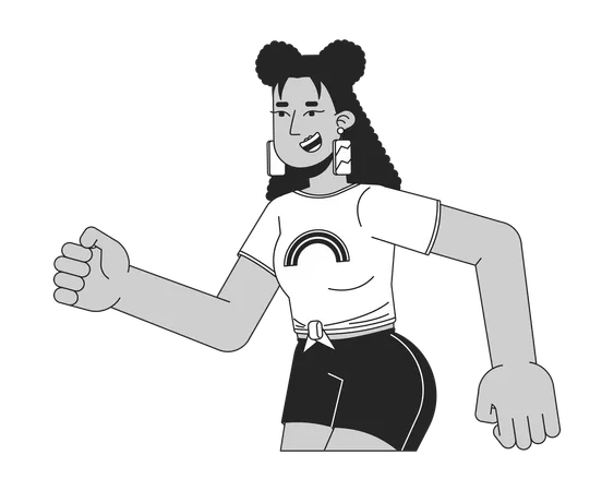 Cool Latina Girl Sprinting Running Black And White 2 D Line Cartoon Character Hispanic Young Female Isolated Vector Outline Person 80 S Nostalgia Fashion Gen Z Monochromatic Flat Spot Illustration Illustration