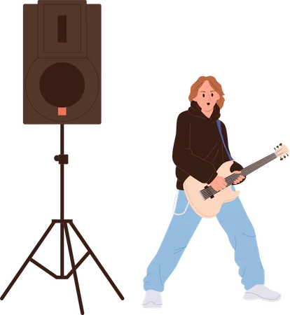 Cool Man Guitarist Rock Band Cartoon Character Playing Music On Bass Guitar String Instrument Isolated On White Background Young Musician Performing On Stage With Subwoofer Vector Illustration 일러스트레이션