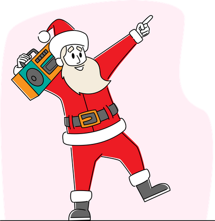 Cool Santa Claus Listening Music on Tape Recorder and Dancing Illustration