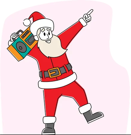 Cool Santa Claus Listening Music on Tape Recorder and Dancing  Illustration
