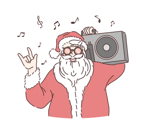 Cool Santa Claus Listening Music on Tape Recorder  Illustration