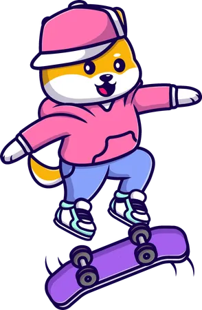 Cool Shiba Inu Playing Skateboard  Illustration