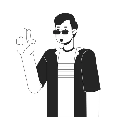 Cool Sunglasses Man Peace Sign Hand Black And White 2 D Line Cartoon Character Caucasian Guy Taking Selfie Isolated Vector Outline Person Body Language Mood Fun Monochromatic Flat Spot Illustration Illustration