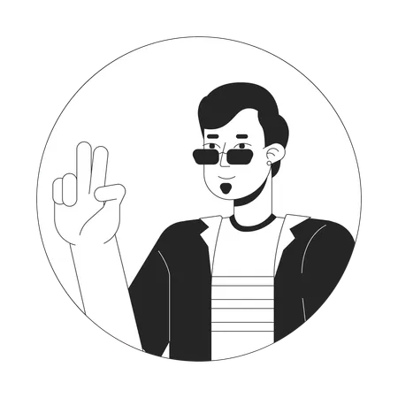 Cool Sunglasses Man Peace Sign Hand Black And White 2 D Vector Avatar Illustration Caucasian Guy Taking Selfie Outline Cartoon Character Face Isolated Body Language Mood Fun Flat User Profile Image Illustration