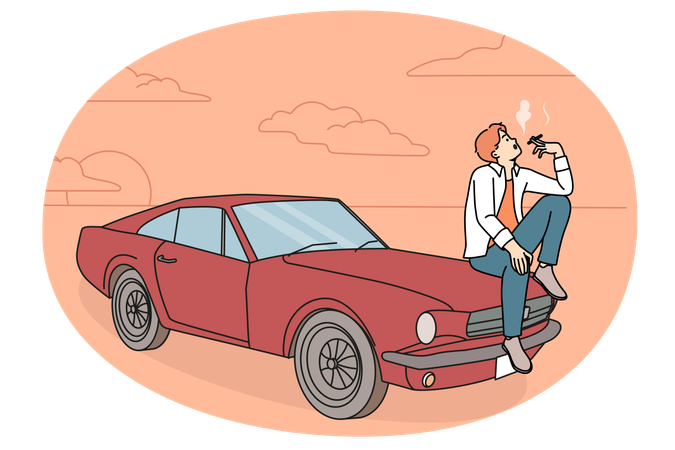 レトロな車に座って喫煙しているクールな若者  イラスト