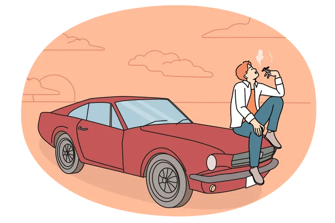 レトロな車に座って喫煙しているクールな若者  イラスト