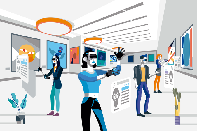 Coole Leute schauen sich moderne abstrakte Gemälde in einer Kunstausstellung an und tragen dabei Geräte mit Augmented-Reality-Technologie  Illustration