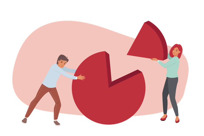 Cooperation of man and woman working together with statistical diagram showing financial issues  Illustration