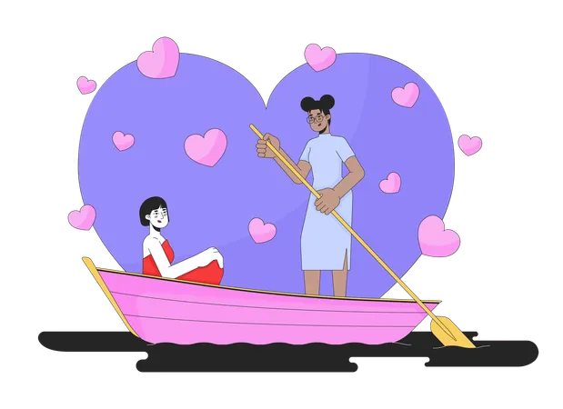 Copines amoureuses bateau à rames sur le lac  Illustration