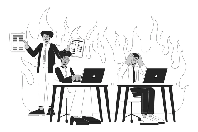 Coping With Stress At Work Black And White 2 D Illustration Concept Relaxed Employee And Colleagues Under Pressure Cartoon Outline Characters Isolated On White Burnout Metaphor Monochrome Vector Art Illustration