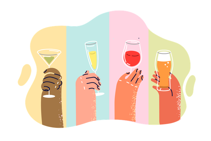 Óculos com diferentes bebidas alcoólicas nas mãos  Ilustração