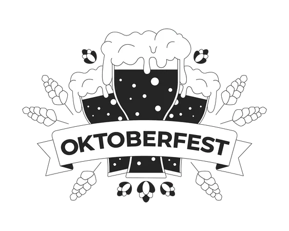 Copos de cerveja espumosos com cevada e lúpulo para oktoberfest  Ilustração