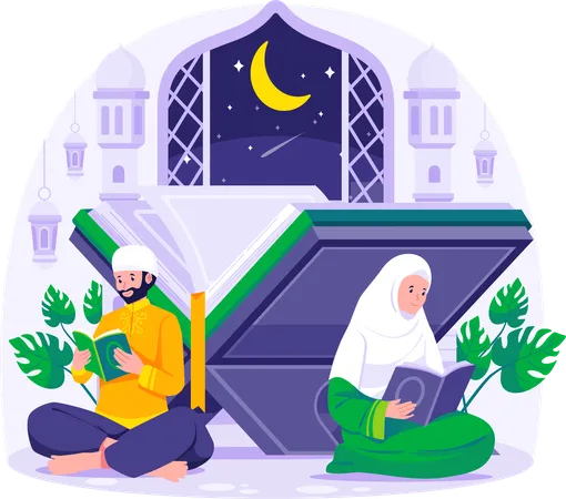 Coppia musulmana che legge e studia il Corano nella moschea durante il Ramadan Kareem  Illustration