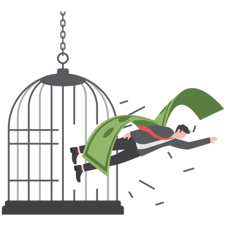 O corajoso empresário escapa da gaiola usando suas asas de dinheiro,  Ilustração