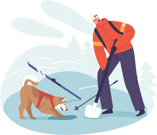 Resgatador corajoso escava incansavelmente na neve  Ilustração