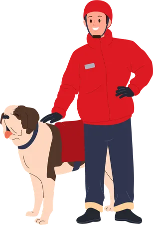 Homem corajoso salvador de inverno com cachorro usando assistente de arnês pronto para ajudar  Ilustração