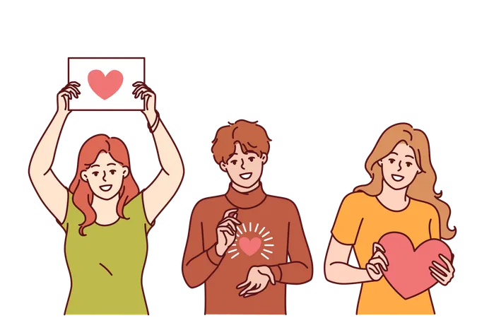 Corazones en manos de personas que muestran símbolo de gratitud y caridad.  Ilustración