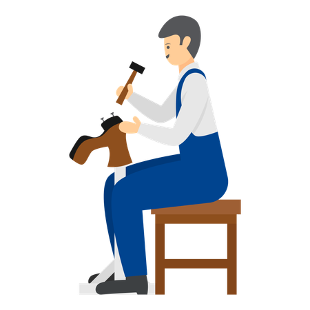 Cordonnier qualifié effectuant un travail minutieux avec un marteau  Illustration