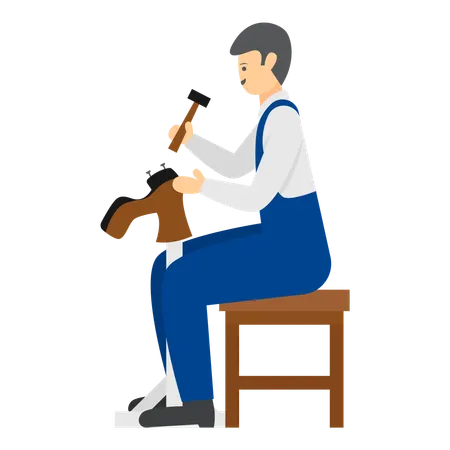 Cordonnier qualifié effectuant un travail minutieux avec un marteau  Illustration