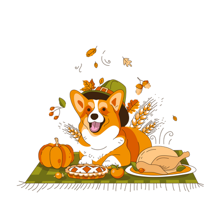 Chien Corgi au chapeau allongé sur une couverture  Illustration