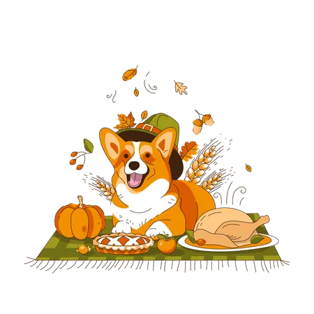 Chien Corgi au chapeau allongé sur une couverture  Illustration