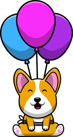 Chien Corgi volant avec un ballon  Illustration