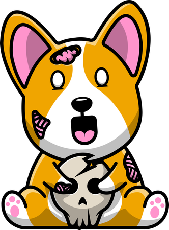 Corgi Dog Zombie tenant la tête de crâne  Illustration