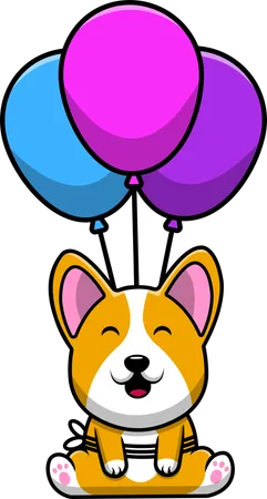 Corgi Dog Flying With Balloon  Illustration
