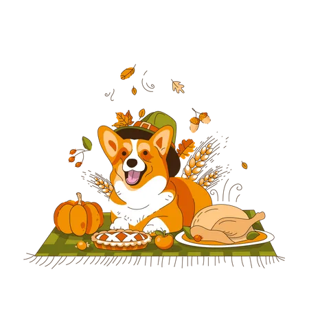 A Corgi Dog In A Hat Is Lying On A Blanket Thanksgiving Day Picnic Vector Illustration Illustration