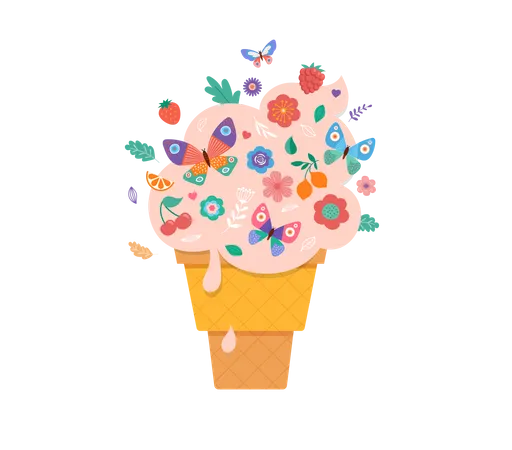 Cornet de glace avec fleurs, fruits et papillons  Illustration