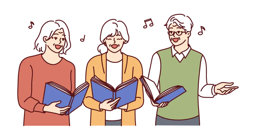 Coro hombres y mujeres mayores con libros en las manos cantando canciones juntos y disfrutando de la vejez  Ilustración