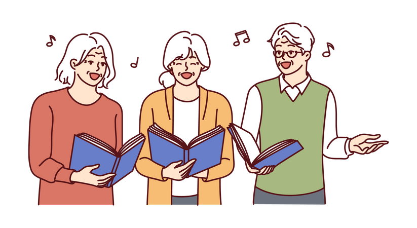 Coro de homens e mulheres idosos com livros nas mãos cantando juntos e aproveitando a velhice  Ilustração