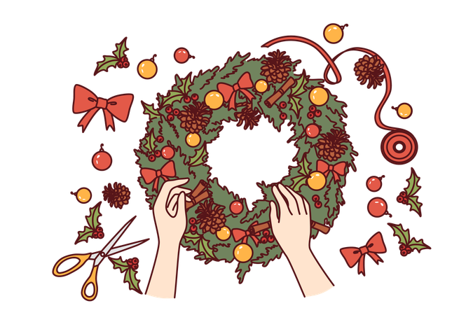 Corona de navidad decorada a mano  Ilustración