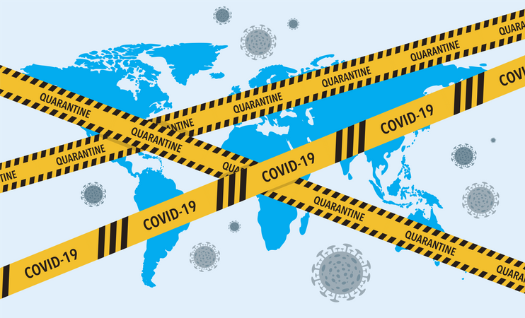 Corona Virus lockdown barrier tape over a world  Illustration